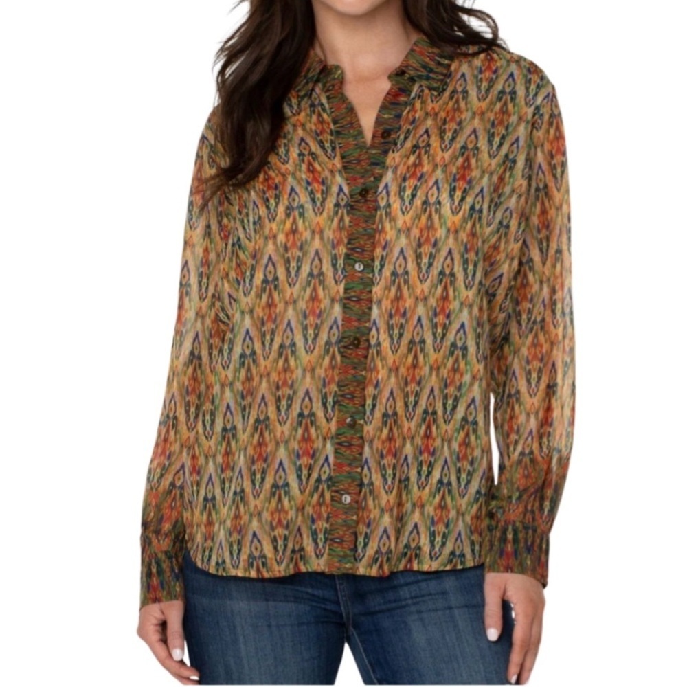 Liverpool Los Angeles Semi-Sheer Button Down Colorful Blouse. Size XL.